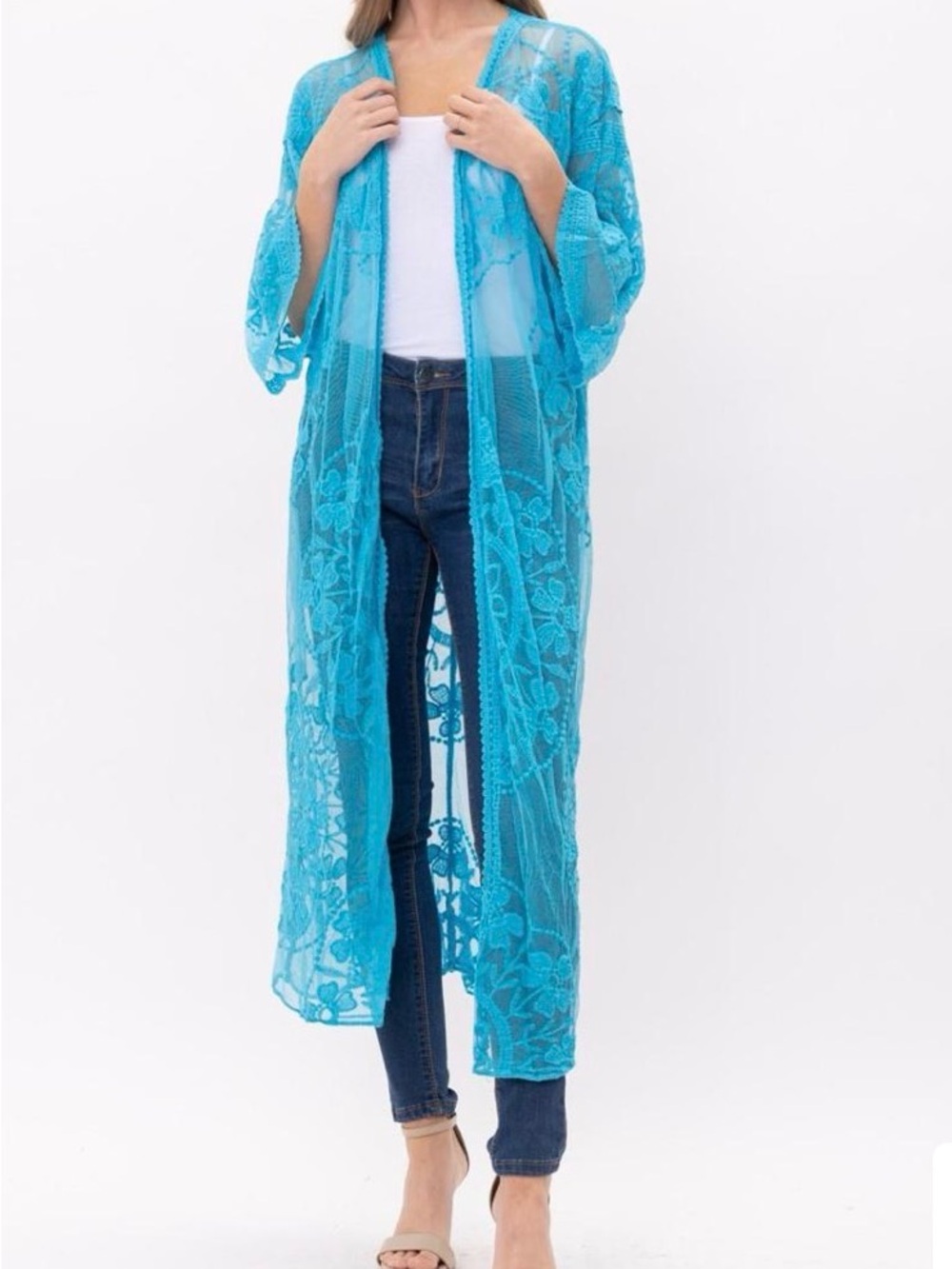 Raj Blue Lace Sheer open front cardigan duster Kimono one size S / M / L